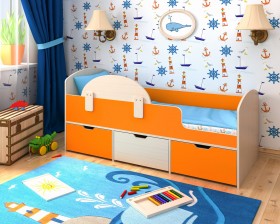 Кровать Малыш-мини с бортиком Дуб молочный/Оранжевый в Вологде - vologda.katalogmebeli.com | фото