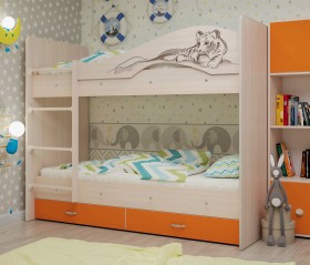 Кровать Мая-Сафари двухъярусная с ящикамиМлечный дуб/Оранжевый в Вологде - vologda.katalogmebeli.com | фото